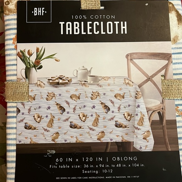 BUNNY HILL FARMS BHL Tablecloth Oblong 60" x 120'  Cotton Bunny Stripe Print NEW - Picture 5 of 11
